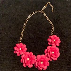 Hot Pink Flowers with Rhinestones  Necklace
